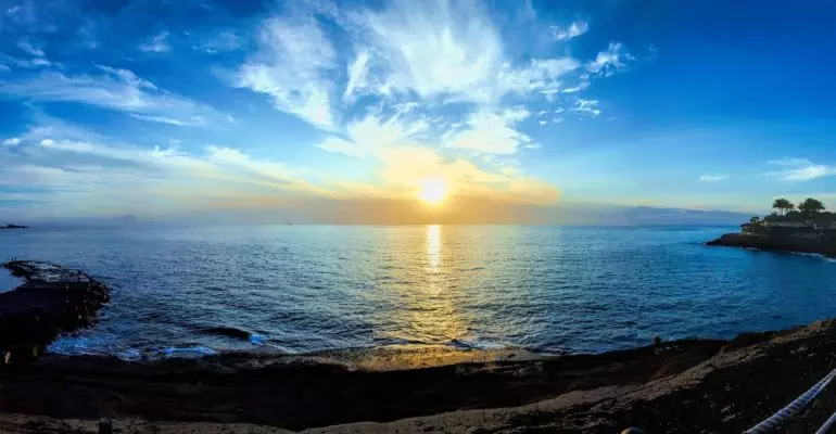 A fish eye lens provides a unique perspective of the ocean view in Tenerife.