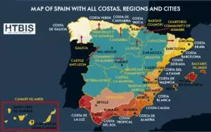 Infographic Map of Spain with all costas, Regions and Cities