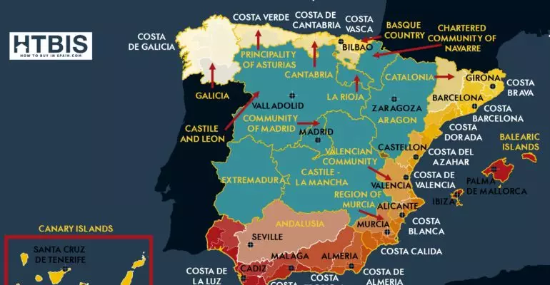 Infographic Map of Spain with all costas, Regions and Cities