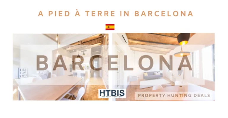 A promotional banner for property hunting deals in Barcelona, featuring images of a modern interior and the text 