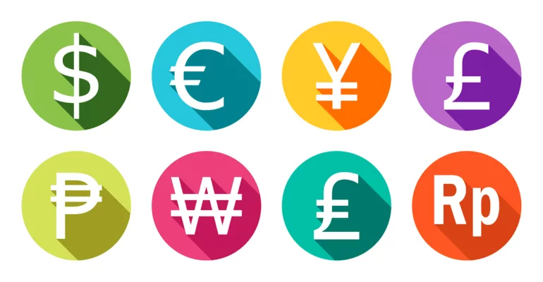 A collection of currency symbols on a white background for international currency exchange.