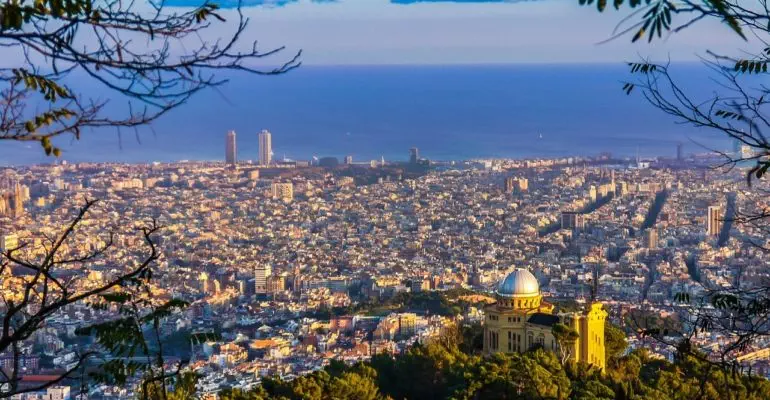 Barcelona cityscape viewed from a mountain top.