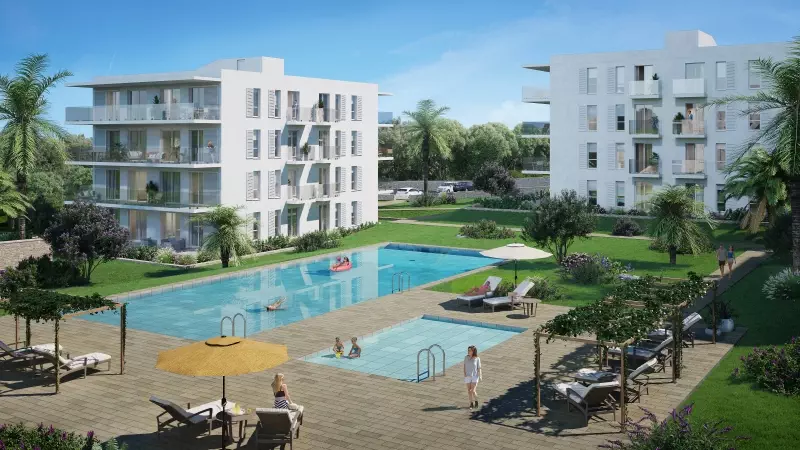 A rendering of a new build apartment complex in Cala d'or with a swimming pool.