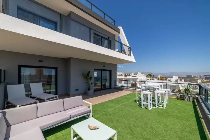 A modern apartment with a large balcony, available as an Alicante New Build Apartment for sale.