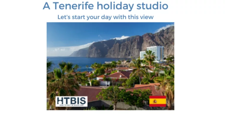 View of Tenerife's coastal landscape with palm trees, houses, and mountains in the background, accompanied by the Spanish flag and logo of HTBIS. Overlaid text reads, 