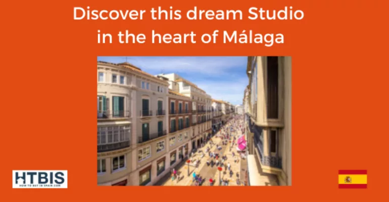 Advertisement for a studio in Málaga. The image shows a busy street with historic buildings and numerous pedestrians. The text promotes a studio located in the heart of Málaga, perfect for anyone interested in Malaga real estate investment. Logos and a Spanish flag are shown.