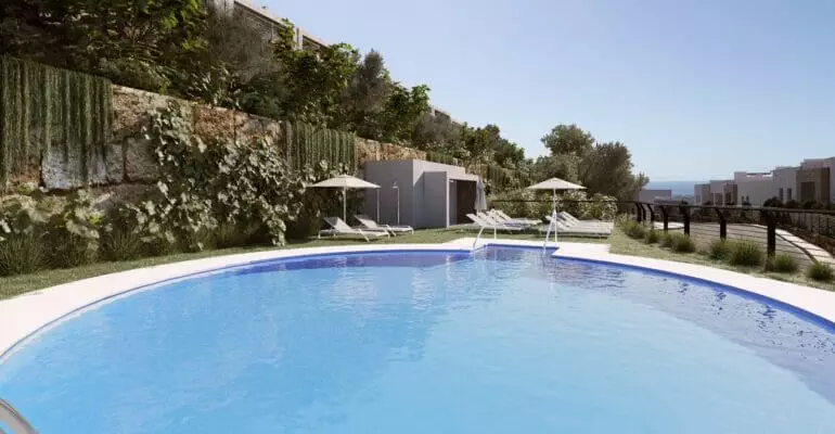 A 3D rendering of a penthouse in Malaga with a swimming pool.