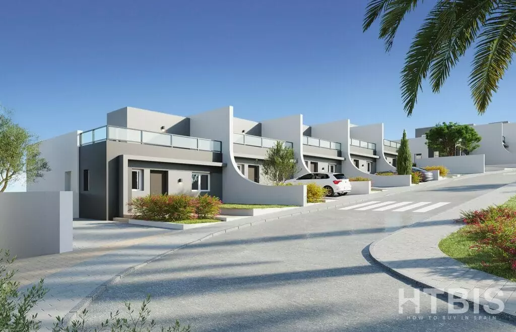 A 3D rendering of a modern villa with palm trees, highlighting a new build apartment in Alicante.