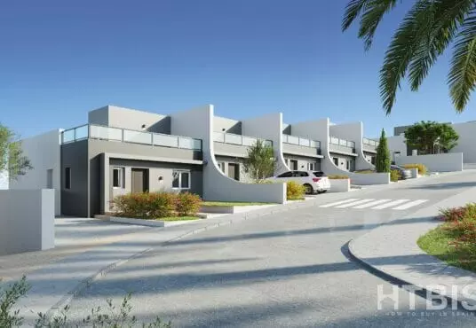 A 3D rendering of a modern villa with palm trees, highlighting a new build apartment in Alicante.