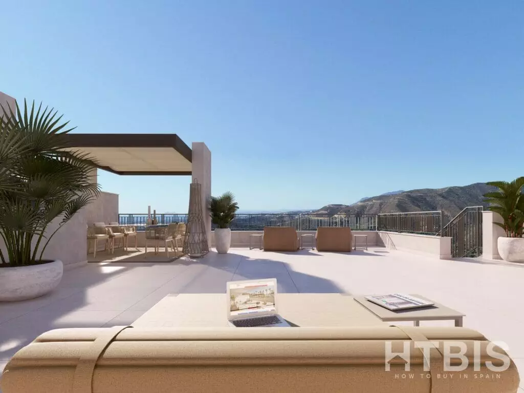 A 3d rendering of a terrace with furniture in an apartment in Malaga and a view of the mountains.