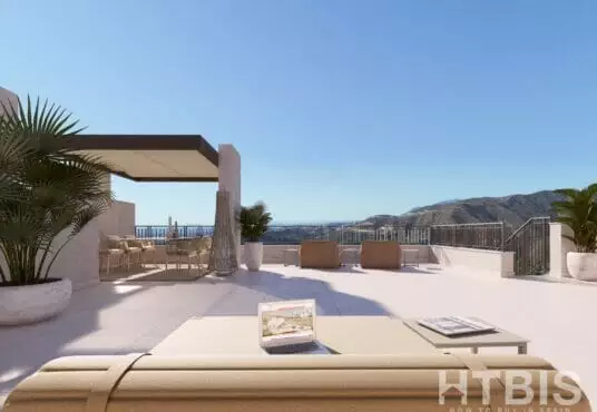 A 3d rendering of a terrace with furniture in an apartment in Malaga and a view of the mountains.