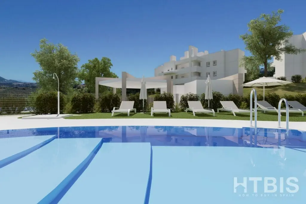 A 3d rendering of a swimming pool in front of a Malaga New Build apartment building.