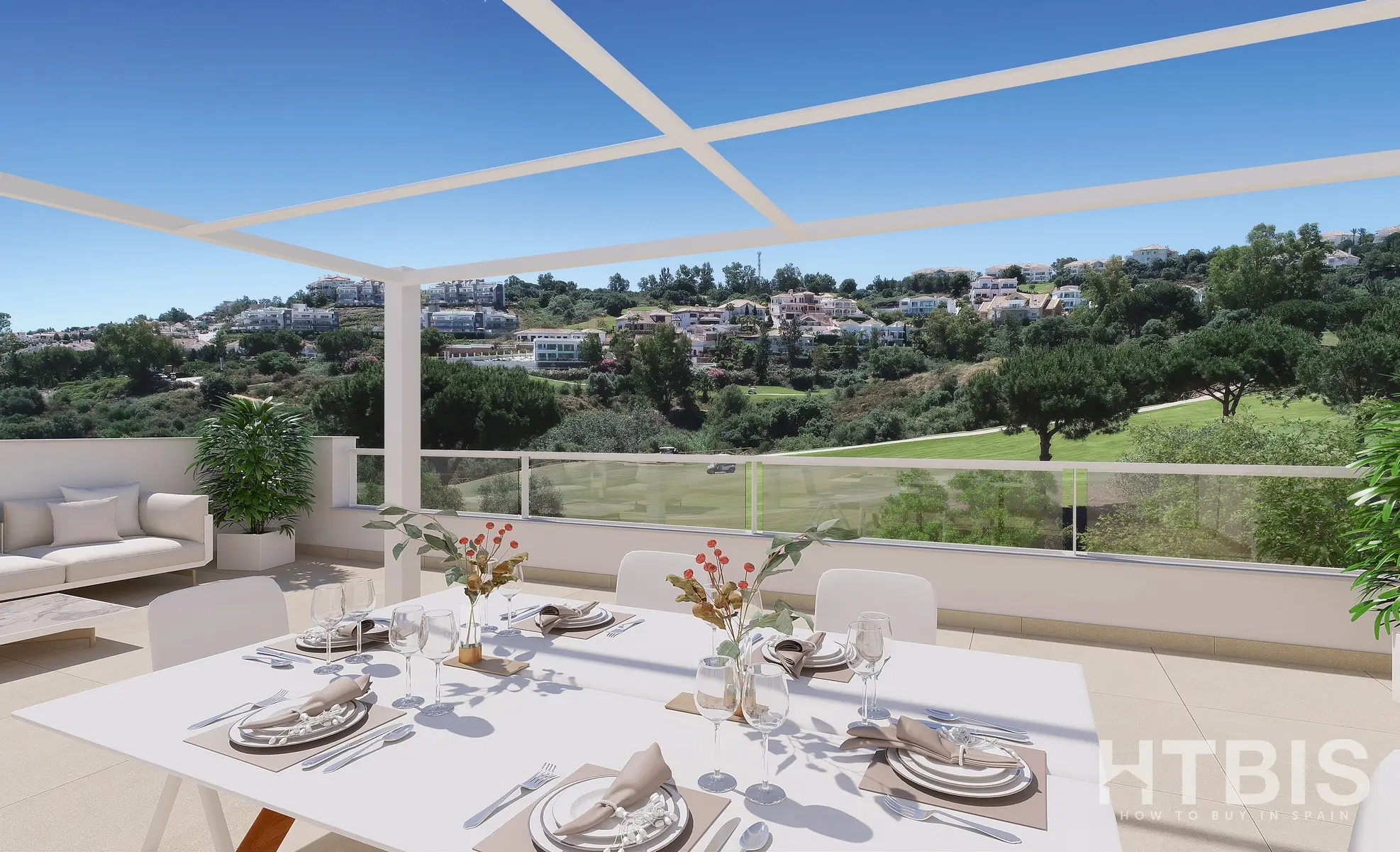 A new build apartment in Malaga with a balcony overlooking a golf course.