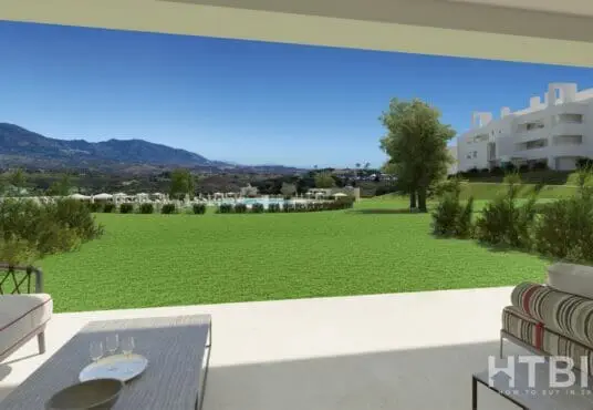 A rendering of a New build apartment Mijas with a view of the mountains.