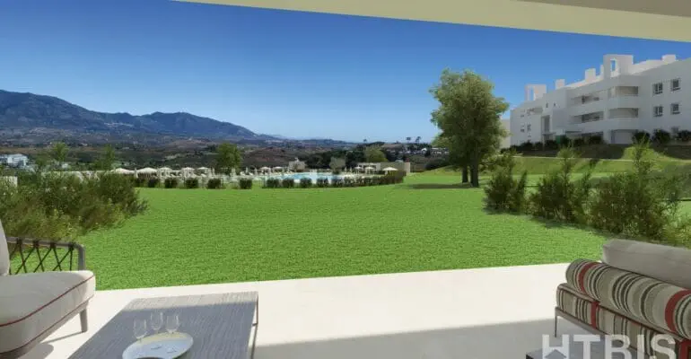 A rendering of a New build apartment Mijas with a view of the mountains.