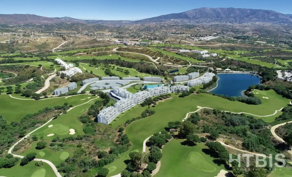 An aerial view of a golf resort in Marbella, featuring a New Build apartment.