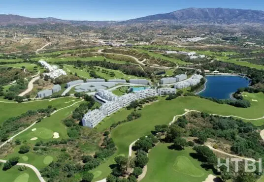 An aerial view of a golf resort in Marbella, featuring a New Build apartment.