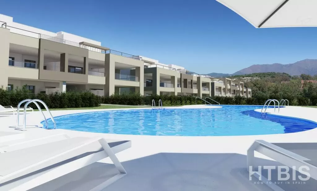 A 3D rendering of an apartment complex with a swimming pool near the Estepona Golf Course.