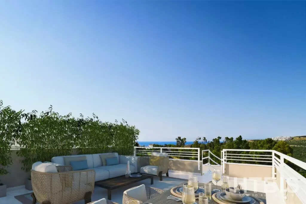 A 3D rendering of a terrace in an apartment with furniture and a view of the ocean.