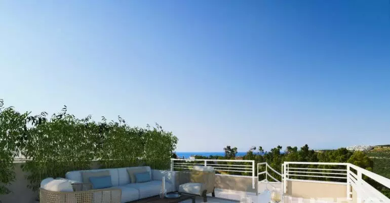 A 3D rendering of a terrace in an apartment with furniture and a view of the ocean.