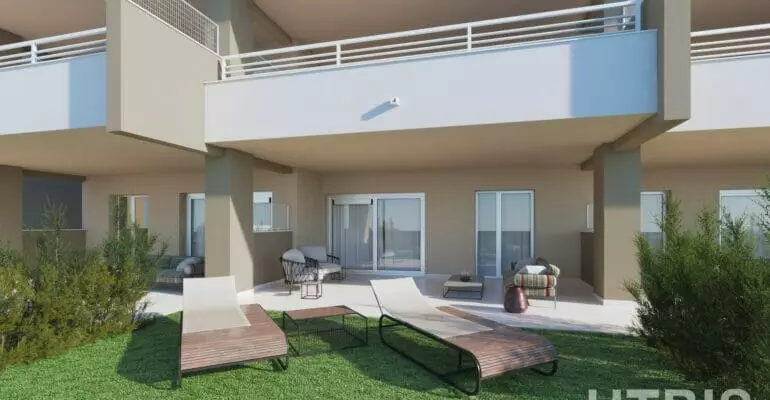 A 3d rendering of an apartment complex near the Estepona Golf Course.