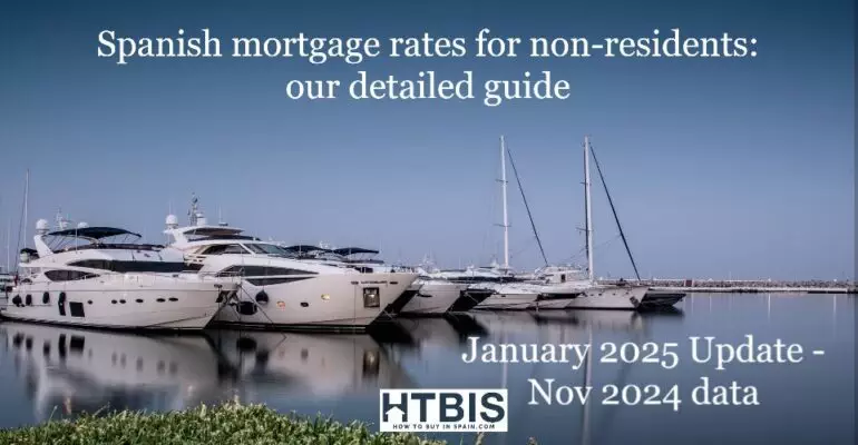 Yachts docked at a marina under a clear sky, with text overlay discussing Spanish mortgage rates for non-residents, updated for January 2025 using November 2024 data. Ideal for those interested in mortgages in Spain for non-residents looking to invest abroad.