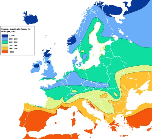 Sunshine map of Europe, in Hours per year