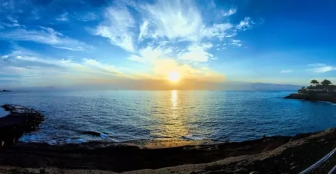 A fish eye lens provides a unique perspective of the ocean view in Tenerife.