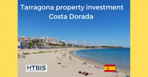 A beach in Tarragona, Costa Dorada, with buildings in the background. Text reads 