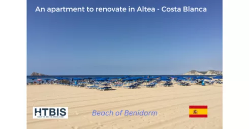 View of Benidorm beach with numerous blue sunbeds and umbrellas on the sand. Text on the image mentions an apartment to renovate in Altea, Costa Blanca. Flags and logos are also visible, hinting at Costa Blanca property for sale opportunities.