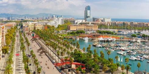 A panoramic view of a marina with numerous boats, palm-lined walkways, city buildings, and mountains in the background under a partly cloudy sky—one of the best things to do on the Costa de Barcelona.