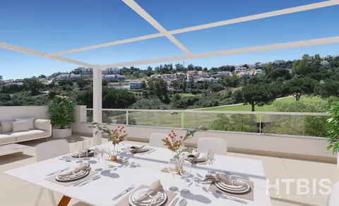 A new build apartment in Malaga with a balcony overlooking a golf course.