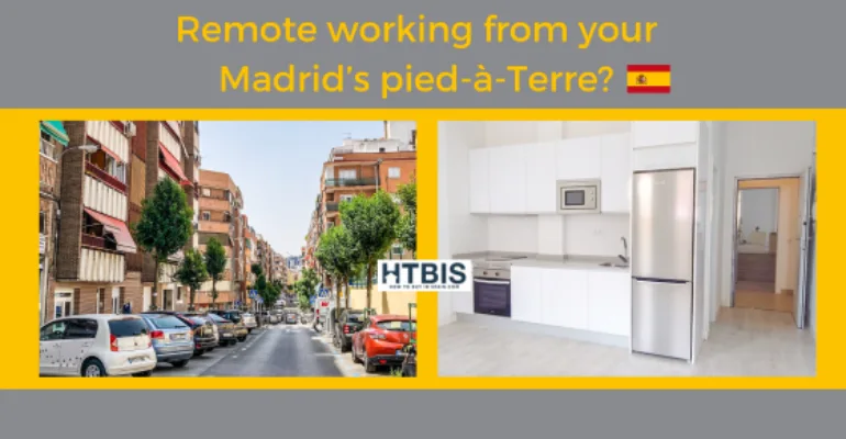 A street view of Madrid with parked cars on the left, and a modern kitchen with white cabinetry and appliances on the right. Text reads "Remote working property in Madrid?" with the Spanish flag.
